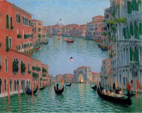 Grand Canal in Venice Featuring Floating Lanterns and Hanging Flower Baskets