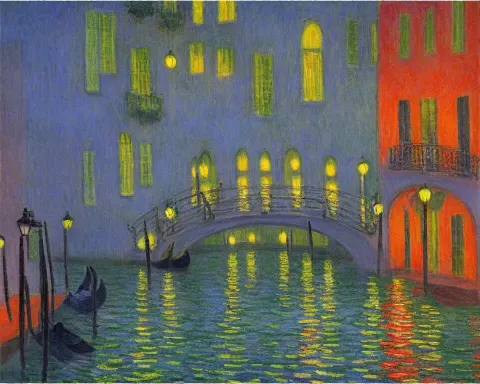 Grand Venice Canal with Glowing Street Lamps and Hanging Flower Baskets at Night