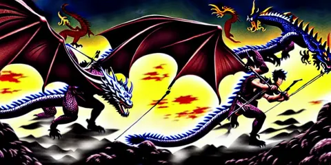 Korean Archer Fighting a Dragon under the Night Sky