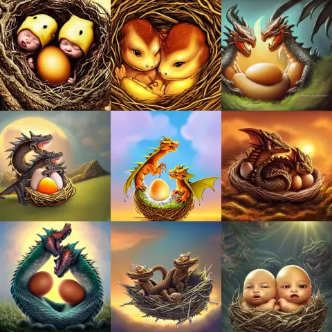 Young Two-headed Baby Dragon Yawning and Snuggling Against an Egg