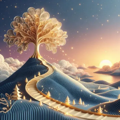 Surreal Gold Tree Paper Art Landscape