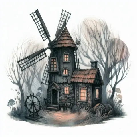 Whimsical Dark Fantasy Windmill Cottage