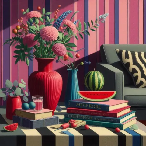 Vibrant Still Life with Books and Plants