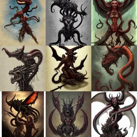Demon with Two Head Riding on Bat with Three Head and Snake Tail Rampaging