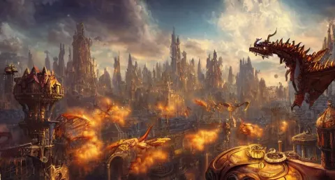 Fantasy City with Steampunk Dragons in the Sky