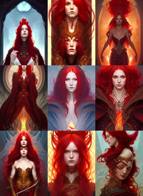 Symmetry Portrait of Red Haired Half Dragon Sorceress