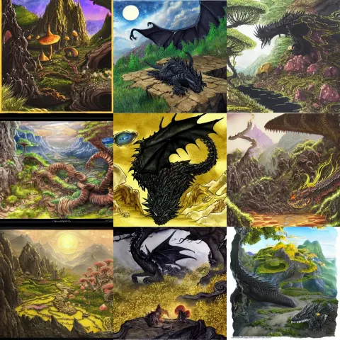 Black Dragon Sleeping on a Hoard of Gold in It's Den
