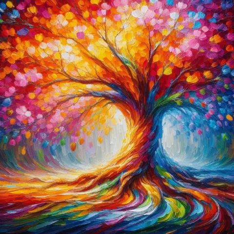 Vibrant Rainbow Tree with Impasto Brushstrokes