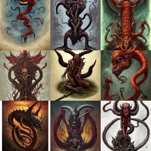 Demon Parasite Growing on Bat with Three Head and Snake Tail in Hell