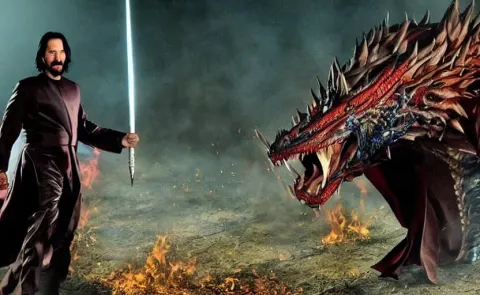 Keanu Reeves Dressed in Wizard Robes Fighting a Dragon on a Fantasy Battlefield