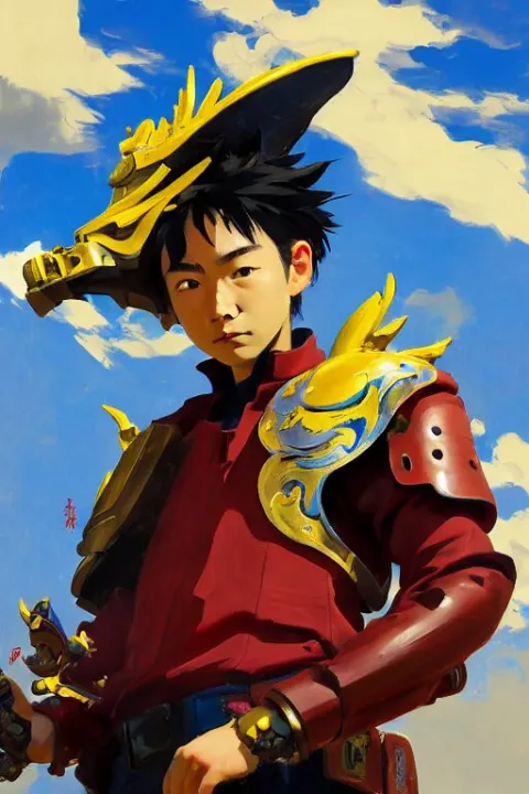 A Boy with Chinese Dragon Armor and Helmet in the Style of Cowboy Bebop