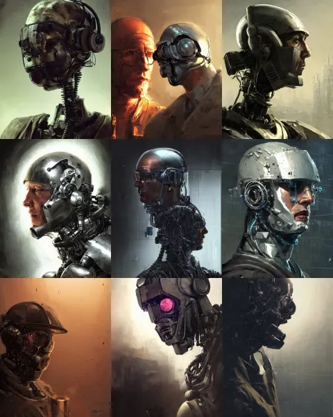Masked Rugged Laboratory Engineer Man with Cybernetic Enhancements as Seen from a Distance