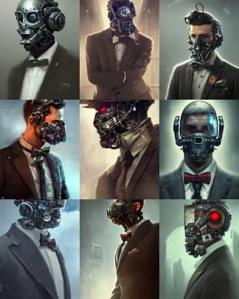 Rugged Young Engineer Man with Cybernetic Enhancements Wearing a Suit and Bowtie