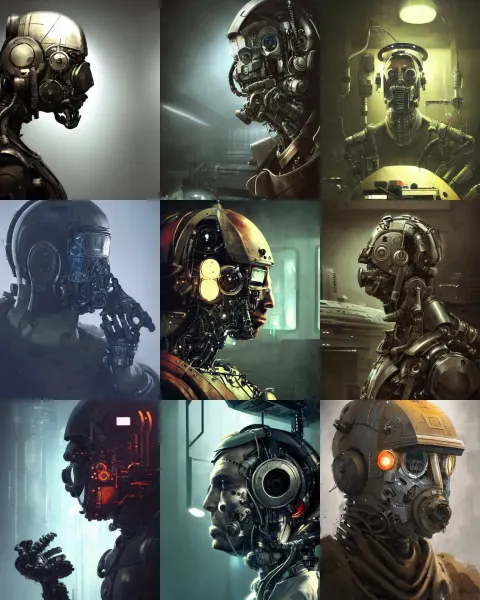 Masked Rugged Engineer Man with Cybernetic Enhancements in a Control Room