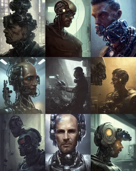 Rugged Engineer Man with Cybernetic Enhancements in a Laboratory