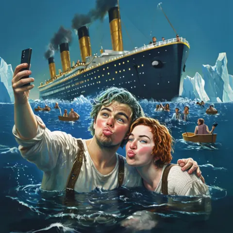 Humorous Titanic Selfie with Iconic Ship