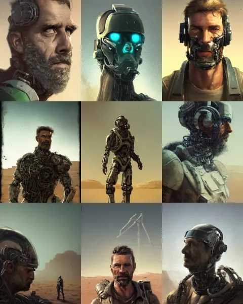 Rugged Middle Aged Engineer Man with Cybernetic Enhancements and Sidecut in the Desert