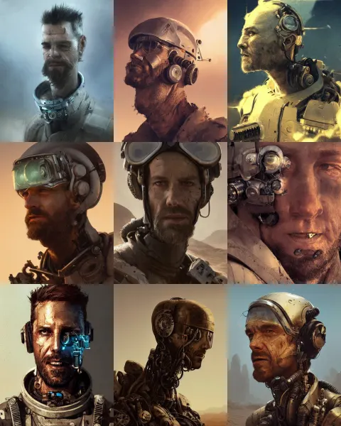 Rugged Technician Man with Cybernetic Enhancements Lost in the Desert