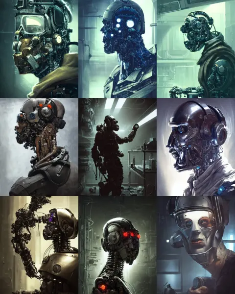Masked Rugged Engineer Man with Cybernetic Enhancements in a Laboratory