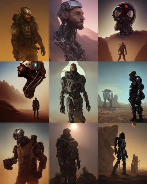 Bearded Cloaked Rugged Engineer Man with Cybernetic Enhancements Lost in the Desert