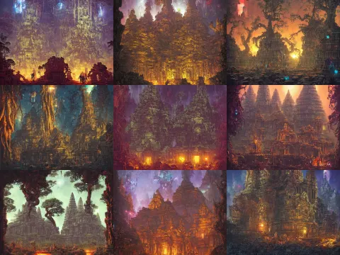 Cyberpunk Angkor Wat with Giant Mechanical and Angry Asian Gods