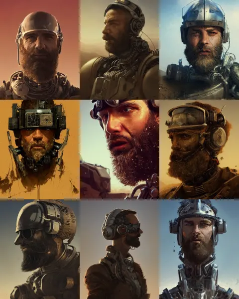 Bearded Rugged Engineer Man with Cybernetic Enhancements Lost in the Desert