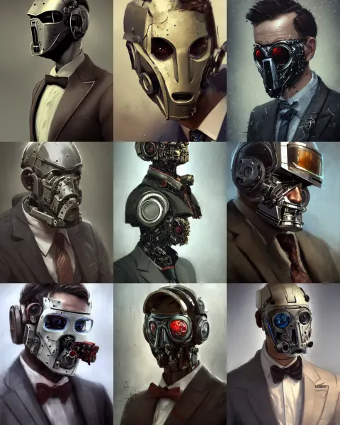 Masked Rugged Young Engineer Man with Cybernetic Enhancements Wearing a Suit and Bowtie