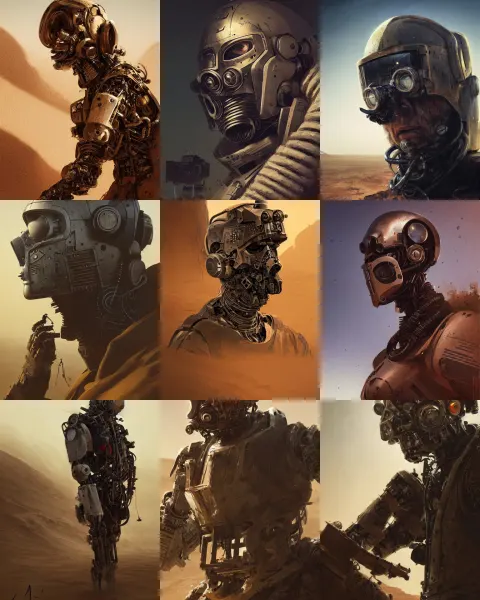 Masked Rugged Engineer Man with Cybernetic Enhancements Lost in the Desert