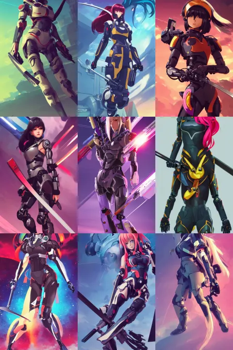 Full Body Character Poster Art of Woman in Mecha Pilot Suit Holding a Katana