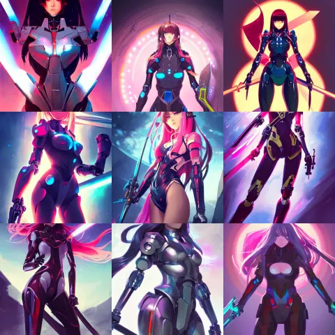 Poster Art of Woman in Full Mecha Body Suit Holding a Sword