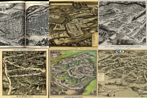 A Detailed Old Vintage Story Book Map of a Coal Miners Village