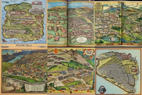 A Detailed Coloured Old Vintage Story Book Map of a Small Coal Miners Village