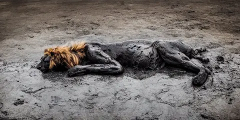 Shiny Black Lion Made of Tar Laying Inside the Tar Pit