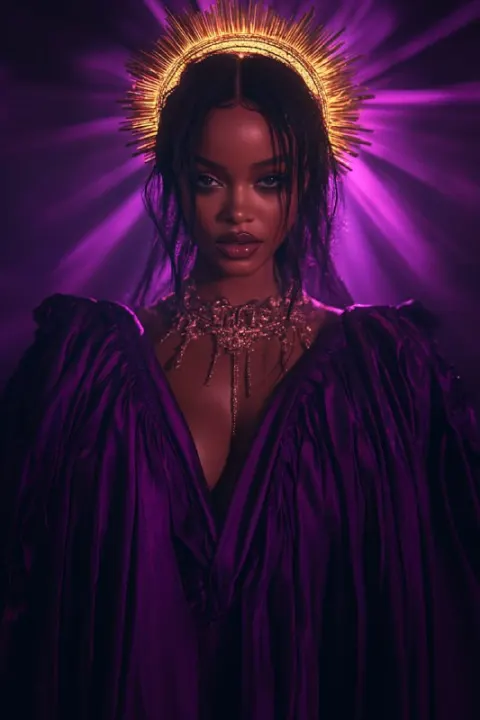 Rihanna in Dark Purple Cape Dress