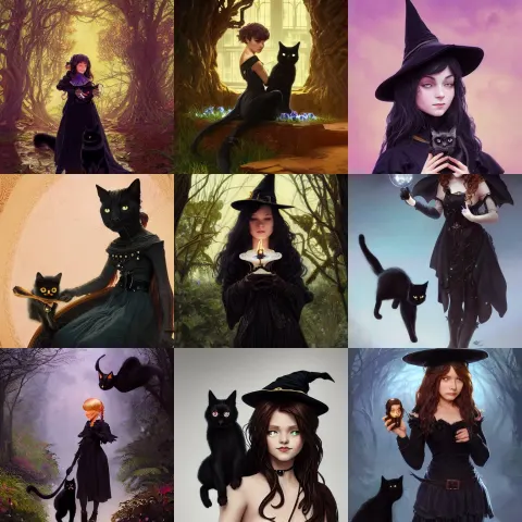 Mischievous Young Witch with Her Black Cat Familiar