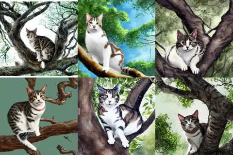Tabby and White Cat Looking Scared is Clinging to a Branch High Up in a Tree