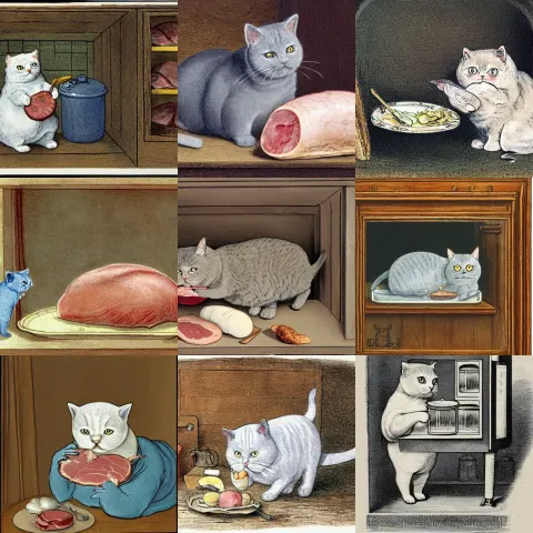 British Blue Shorthair Cat Eating a Large Ham