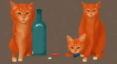 Cat Standing Next to a Bottle of Medicine