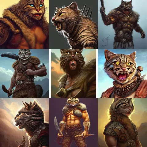 Anthropomorphic Rugged Cat Oversized Barbarian Furry Muscular Armored Upper Body Long Hair