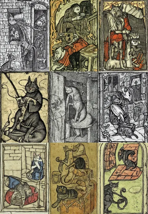 Grim Medieval Illustration of a Depressed Cat Watching Youtube