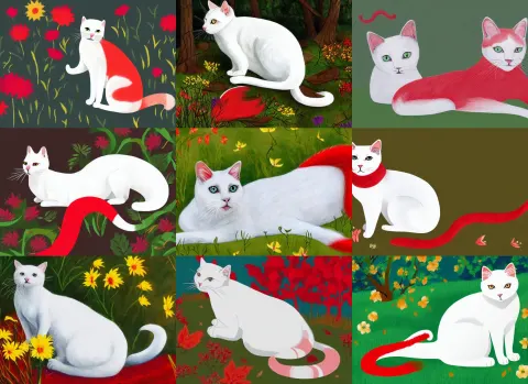 White Cat with Red Tail Laying at Sunny Forest