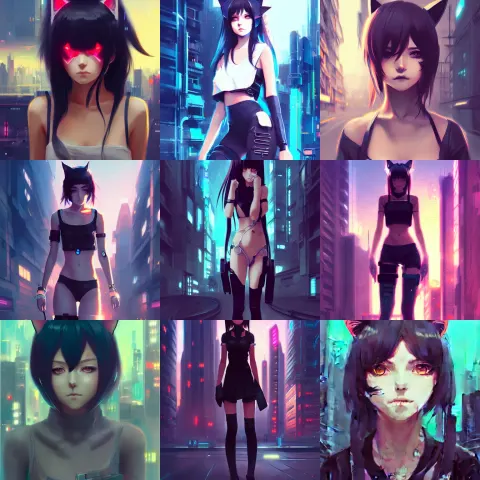 Cute Anime Catgirl in Cyberpunk City Cat Ears Illustration Style of Digital Art