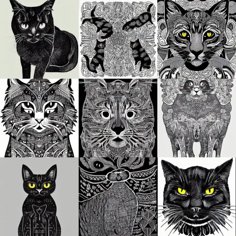 Fluffy Black Cats Intricately Inked in Illustrations