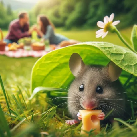 Gray Mouse Hiding Under Leaf