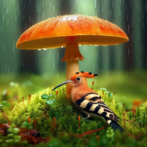 Hoopoe Sheltered Under Mushroom in Rain