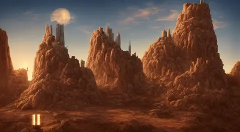 Matte Painting of a Cat Shaped Tower in Desert Landscape
