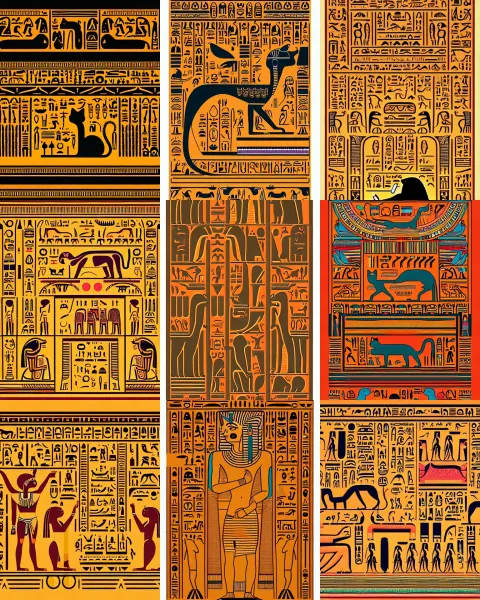Vector Based Illustration of Cat Hieroglyphic Carvings on a Egyptian Tomb Wall