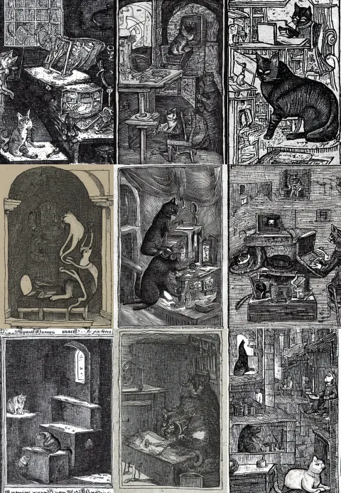 Dark Medieval Illustration of a Cat Watching Youtube on a Computer