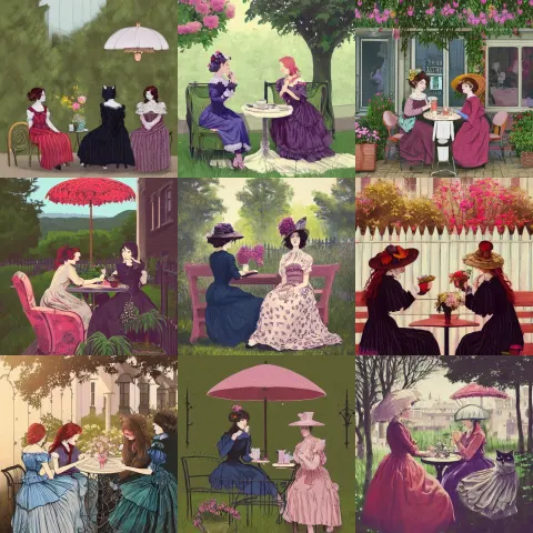 Women Wearing Victorian Dresses Sitting Outside a Cafe Drinking Tea