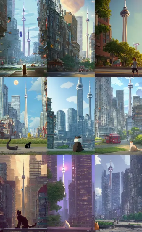 Wholesome Illustration of a Cat in Toronto with CN Tower and Yonge Street Dundas Square